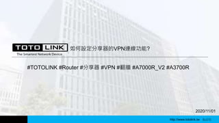 http://www.totolink.tw
2020/11/01
如何設定分享器的VPN連線功能?
WD003
#TOTOLINK #Router #分享器 #VPN #翻牆 #A7000R_V2 #A3700R
http://www.totolink.tw Bo016
 