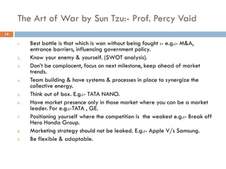 The Art of War by Sun Tzu:- Prof. Percy Vaid
1. Best battle is that which is won without being fought :- e.g.:- M&A,
entrance barriers, influencing government policy.
2. Know your enemy & yourself. (SWOT analysis).
3. Don’t be complacent, focus on next milestone, keep ahead of market
trends.
4. Team building & have systems & processes in place to synergize the
collective energy.
5. Think out of box. E.g.:- TATA NANO.
6. Have market presence only in those market where you can be a market
leader. For e.g.:-TATA , GE.
7. Positioning yourself where the competition is the weakest e.g.:- Break off
Hero Honda Group.
8. Marketing strategy should not be leaked. E.g.:- Apple V/s Samsung.
9. Be flexible & adaptable.
14
 