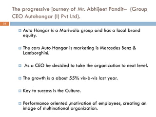The progressive journey of Mr. Abhijeet Pandit– (Group
CEO Autohangar (I) Pvt Ltd).
23
 Auto Hangar is a Mariwala group and has a local brand
equity.
 The cars Auto Hangar is marketing is Mercedes Benz &
Lamborghini.
 As a CEO he decided to take the organization to next level.
 The growth is a about 55% vis-à-vis last year.
 Key to success is the Culture.
 Performance oriented ,motivation of employees, creating an
image of multinational organization.
 