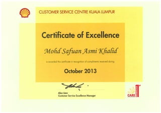 SHELL CERTIFICATE OF EXCELLENCE