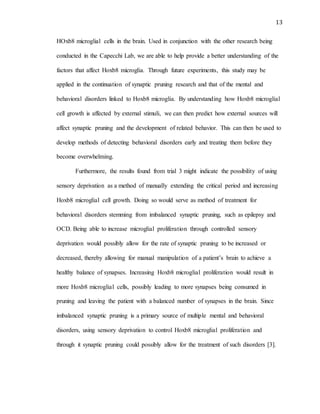 13
HOxb8 microglial cells in the brain. Used in conjunction with the other research being
conducted in the Capecchi Lab, we are able to help provide a better understanding of the
factors that affect Hoxb8 microglia. Through future experiments, this study may be
applied in the continuation of synaptic pruning research and that of the mental and
behavioral disorders linked to Hoxb8 microglia. By understanding how Hoxb8 microglial
cell growth is affected by external stimuli, we can then predict how external sources will
affect synaptic pruning and the development of related behavior. This can then be used to
develop methods of detecting behavioral disorders early and treating them before they
become overwhelming.
Furthermore, the results found from trial 3 might indicate the possibility of using
sensory deprivation as a method of manually extending the critical period and increasing
Hoxb8 microglial cell growth. Doing so would serve as method of treatment for
behavioral disorders stemming from imbalanced synaptic pruning, such as epilepsy and
OCD. Being able to increase microglial proliferation through controlled sensory
deprivation would possibly allow for the rate of synaptic pruning to be increased or
decreased, thereby allowing for manual manipulation of a patient’s brain to achieve a
healthy balance of synapses. Increasing Hoxb8 microglial proliferation would result in
more Hoxb8 microglial cells, possibly leading to more synapses being consumed in
pruning and leaving the patient with a balanced number of synapses in the brain. Since
imbalanced synaptic pruning is a primary source of multiple mental and behavioral
disorders, using sensory deprivation to control Hoxb8 microglial proliferation and
through it synaptic pruning could possibly allow for the treatment of such disorders [3].
 
