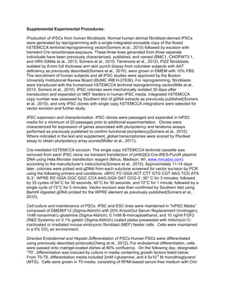Supplemental Experimental Procedures:
Production of iPSCs from human fibroblasts. Normal human dermal fibroblast-derived iPSCs
were generated by reprogramming with a single-integrated excisable copy of the floxed
hSTEMCCA lentiviral reprogramming vector(Somers et al., 2010) followed by excision with
transient Cre recombinase-exposure. These three lines generated from three separate
individuals have been previously characterized, published, and named (BMC1, CHOPWT3.1,
and HRII-3(Mills et al., 2013; Somers et al., 2010; Terrenoire et al., 2012). PiZZ fibroblasts,
isolated by 6-mm full thickness arm skin punch biopsy from volunteer subjects with AAT
deficiency as previously described(Somers et al., 2010), were grown in DMEM with 10% FBS.
The recruitment of human subjects and all iPSC studies were approved by the Boston
University Institutional Review Board (BUMC IRB H-27636). For reprogramming, fibroblasts
were transduced with the humanized hSTEMCCA lentiviral reprogramming vector(Mills et al.,
2013; Somers et al., 2010). iPSC colonies were mechanically isolated 30 days after
transduction and expanded on MEF feeders in human iPSC media. Integrated hSTEMCCA
copy number was assessed by Southern blot of gDNA extracts as previously published(Somers
et al., 2010), and only iPSC clones with single copy hSTEMCCA integrations were selected for
vector excision and further study.
iPSC expansion and characterization. iPSC clones were passaged and expanded in hiPSC
media for a minimum of 20 passages prior to additional experimentation. Clones were
characterized for expression of genes associated with pluripotency and teratoma assays
performed as previously published to confirm functional pluripotency(Somers et al., 2010).
Where indicated in the text and supplement, global transcriptomes were scored by Pluritest
assay to obtain pluripotency array scores(Müller et al., 2011).
Cre-mediated hSTEMCCA excision. The single copy hSTEMCCA lentiviral cassette was
removed from each iPSC clone via transient transfection of pHAGE2-Cre-IRES-PuroR plasmid
DNA using Hela Monster transfection reagent (Mirus, Madison, WI, www.mirusbio.com)
according to the manufacturer’s instructions(Somers et al., 2010). Approximately 11-14 days
later, colonies were picked and gDNA from each subclone screened for vector excision by PCR
using the following primers and conditions: cMYC F5’-GGA ACT CTT GTG CGT AAG TCG ATA
G-3’; WPRE R5’-GGA GGC GGC CCA AAG GGA GAT CCG-3’; 95° C for 3 minutes; followed
by 33 cycles of 94°C for 30 seconds, 60°C for 30 seconds, and 72°C for 1 minute; followed by a
single cycle of 72°C for 5 minutes. Vector excision was then confirmed by Southern blot using
BamHI digested gDNA probed for the WPRE element as previously published(Somers et al.,
2010).
Cell culture and maintenance of PSCs. iPSC and ESC lines were maintained in “hiPSC Media”
composed of DMEM/F12 (Sigma-Aldrich) with 20% KnockOut Serum Replacement (Invitrogen),
1mM nonanimal L-glutamine (Sigma-Aldrich), 0.1mM Β-mercaptoethanol, and 10 ng/ml FGF2
(RD Systems) on 0.1% gelatin (Sigma-Aldrich) coated plates preseeded with mitomycin C-
inactivated or irradiated mouse embryonic fibroblast (MEF) feeder cells. Cells were maintained
in a 5% CO2 air environment.
Directed Endodermal and Hepatic Differentiation of PSCs.Human PSCs were differentiated
using previously described protocols(Cheng et al., 2012). For endodermal differentiation, cells
were passed onto matrigel-coated dishes at 80% confluency. On the following day, designated
“T0”, differentiation was induced by culture in media containing growth factors listed below.
From T0-T6, differentiation media included 2mM l-glutamine, and 4.5x10-4
M monothioglycerol
(MTG). Cells were grown in T0 media, consisting of RPMI-based serum-free medium with Chir
 
