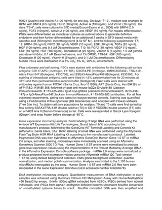 99021 (2ug/ml) and Activin A (100 ng/ml), for one day. On days “T1-2”, medium was changed to
RPMI with BMP4 (0.5 ng/ml), FGF2 (10ng/ml), Activin A (100 ng/ml), and VEGF (10 ng/ml). On
days “T3-4”, cells were cultured in SFD media(Gouon-Evans et al., 2006) with BMP4 (0.5
ng/ml), FGF2 (10ng/ml), Activin A (100 ng/ml), and VEGF (10 ng/ml). For hepatic differentiation,
PSCs were differentiated as monolayer cultures as outlined above to generate definitive
endoderm and then further differentiated for an additional 3 weeks in SFD-based media with
ascorbic acid (50mcg/ml), monothioglycerol (4.5x10-4
M ), and the following supplements: T7-
12: BMP4 (50 ng/ml), FGF2 (10 ng/ml), VEGF (10 ng/ml), EGF (10ng/ml), TGFa (20 ng/ml),
HGF (100 ng/ml), and 0.1 uM Dexamethasone; T13-18: FGF2 (10 ng/ml), VEGF (10 ng/ml),
EGF (10 ng/ml), HGF (100 ng/ml), Oncostatin M (20 ng/ml), Vitamin K (6 ug/ml), 1.5 uM gamma
secretase inhibitor, 0.1 uM Dexamethasone, and 1% DMSO; T19-24: HGF (100 ng/ml),
Oncostatin M (20 ng/ml), Vitamin K (6 ug/ml), and 0.1 uM Dexamethasone. Differentiating
human PSCs were maintained in a 5% CO2, 5% O2, 90% N2 environment.
Flow cytometry and cell sorting. PSCs were stained with antibodies for the following cell surface
antigens: CD117-APC (Invitrogen, #11705), CXCR4-PE (Invitrogen, #MHCXCR404), TRA-1-81-
Alexa Fluor 647 (Biolegend, #330706), and SSEA3-AlexaFlour488 (Biolegend, #330306). For
staining of intracellular antigens, cells were fixed in 1.6% paraformaldehyde for 20 minutes at
37°C and then permeabilized in saponin buffer (Biolegend). Fixed cells were stained with
antibodies against human FOXA1 (Santa Cruz, #sc-101058), AAT (Santa Cruz, #sc-59438), or
AFP (RD, #	
  MAB1368) followed by goat anti-mouse IgG2a-DyLight488 (Jackson
ImmunoResearch, # 115-485-206), IgG1-DyLight649 (Jackson ImmunoResearch, #705-496-
147) or IgG-AlexaFluor647(Jackson ImmunoResearch, # 115-605-205) antibodies. For all flow
cytometry experiments, gating was based on isotype-stained controls. Staining was quantified
using a FACSCantos II flow cytometer (BD Biosciences) and analyzed with FlowJo software
(Tree Star Inc). To obtain cell pure populations for analysis, T0 and T5 cells were first sorted by
flow sorting SSEA3/TRA-1-81 double positive (T0) or CD117/CXCR4 double positive (T5) cells
on a FACS Aria II (Becton Dickenson) sorter. Cells were resuspended in Qiazol Lysis Reagent
(Qiagen) and snap frozen before storage at -80°C.
Gene expression microarray analysis. Biotin labeling of large RNA was performed using the
Ambion WT Expression Kit (Life Technologies, Grand Island, NY) according to the
manufacturer's protocol, followed by the GeneChip WT Terminal Labeling and Controls Kit
(Affymetrix, Santa Clara, CA). Biotin labeling of small RNA was performed using the Affymetrix
FlashTag Biotin HSR RNA Labeling Kit according to the manufacturer's protocol. Labeled,
fragmented DNA was then hybridized to Affymetrix GeneChip Human Gene 1.0 ST or miRNA
2.0 arrays, and after staining, microarrays were immediately scanned using an Affymetrix
GeneArray Scanner 3000 7G Plus. Human Gene 1.0 ST arrays were normalized to produce
gene-level expression values using the implementation of the Robust Multiarray Average (RMA)
in the Affymetrix Expression Console software package. miRNA 2.0 arrays were normalized to
produce probeset-level expression values using the Affymetrix miRNA QC Tool (version
1.1.1.0), using default background detection, RMA global background correction, quantile
normalization, and median polish summarization. Analysis was limited to the 1,105 human
microRNAs interrogated by the array. Human Gene 1.0 ST and miRNA 2.0 files have been
desposited in the Gene Expression Omnibus (GEO accession number GSE66078).
DNA methylation microarray analysis. Quantitative measurement of DNA methylation in study
samples was achieved using Illumina’s Infinium HD Methylation Assay with HumanMethylation
450 BeadChip arrays. Briefly, 500ng gDNA extracted from hESCs, iPSCs derived from normal
individuals, and iPSCs from alpha-1 antitrypsin deficient patients underwent bisulfite conversion
of unmethylated cytosine bases to uracil. Bisulfite converted DNA was then amplified and
 