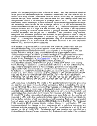 purified prior to overnight hybridization to BeadChip arrays. Next day staining of hybridized
arrays produced methylation-dependent differential fluorescence that was detected via an
Illumina iScan array scanner. Arrays were visualized and processed using the GenomeStudio
software package, which produced IDAT files that were read into a MethyLumiSet using the
methylumIDAT function in the methylumi R package (version 2.4.0). This object was then
coerced to a MethyLumiM object, quantile-normalized by sequentially applying the lumiMethyC
and lumiMethyN functions from the lumi R package (version 2.10.0), and annotated using the
IlluminaHumanMethylation450k.db R package (version 1.4.7). Differential methylation between
wildtype and PiZZ iPSCs at stage T24 was assessed using the limma R package (version
3.14.4) by modeling M values as a linear function of genotype with lmFit, followed by empirical
Bayesian adjustment with eBayes and a moderated t test performed using topTable.
Methylation and expression probesets were matched on gene symbols in order to compute
Pearson correlation coefficients between M values and log2 (expression) values from iPSCs at
stage T24. All methylation analyses were performed using the R environment for statistical
computing (version 2.15.1). Illumina 450K files have been desposited in the Gene Expression
Omnibus (GEO accession number GSE66078).
RNA isolation and quantitative PCR analysis.Total RNA and miRNA were isolated from cells
using an miRNeasy kit (Qiagen) with the optional column RNAse-free DNase treatment,
according to the manufacturer’s instructions. 200 nanograms to one microgram of RNA was
reverse transcribed into cDNA using random hexamers with Superscript III Reverse
Transcriptase (Invitrogen). Real-time, quantitative PCR (qPCR) was performed in triplicate for
all samples using either SYBR Green QPCR master mix with the Light Cycler 480II qPCR
System (Roche, Indianapolis, IN, www.roche.com) or TaqMan primers and master mix with a
StepOne Real Time PCR system (Applied Biosystems, Carlsbad, CA,
www.lifetechnologies.com). For SYBR Green qPCR, a 10-fold gDNA dilution series ranging
from 0.1 to10 ng per reaction was used to evaluate the efficiency of the PCR and calculate the
copy number of each gene relative to the housekeeping gene Cyclophilin. Calculated
expression levels for each indicated gene were then reported as number of molecules of RNA
for that gene per number of molecules of cyclophilin, as previously published(Mills et al., 2013;
Somers et al., 2010). Primer sequences are: CYCLOPHILIN: F’ GAA GAG TGC GAT CAA GAA
CCC ATG AC, R’ GTC TCT CCT CCT TCT CCT CCT ATC TTT ACT T; AAT(SERPINA1):
F’AGG GCC TGA AGC TAG TGG ATA AGT, R’ TCT GTT TCT TGG CCT CTT CGG TGT; AFP:
F’ CTA CCT GCC TTT CTG GAA GAA CTT TG, R’TCT GTT TCT TGG CCT CTT CGG TGT.
AAT pulse-chase radiolabeling. The kinetic of AAT post-translational intracellular processing
and secretion was assayed via pulse-chase radiolabeling. Before radiolabelling, the patient-
derived iPSC line B-16 and its isogenic, zinc finger nuclease-corrected daughter iPSC line B-16-
C-2 were differentiated to hepatic stage and assayed via pulse-chase labelling using previously
described methods(Ordóñez et al., 2013). Briefly, cells were starved in methionine (Met)- and
cysteine (Cys)-free pulse medium for 90 min and then incubated with 1.3MBq of 35
S-Met/Cys for
30 min at 37°C to allow incorporation of radioactive amino acids. Cells were then washed and
incubated in L-Met and L-Cys-supplemented chase medium for the time intervals indicated in
the text before collection of cell supernatants and cell harvesting. Total protein was isolated
from cell lysates using Nonidet lysis buffer (150mM NaCl, 50mM Tris-HCl pH 7.5, 1% Nonidet
P-40) containing 25mM protease inhibitor mixture, followed by centrifugation. AAT was
immunoprecipitated from lysates or from supernatants with a polyclonal anti-human α1-
antitrypsin antibody generated by the group of Prof. D.A. Lomas(Miranda et al., 2010) and
resolved by 10% v/v SDS-PAGE. Radiolabelled AAT was visualized and quantified on a
Cyclone Phosphor Imager (Packard Instrument Co.). Total densitometric value of the combined
 