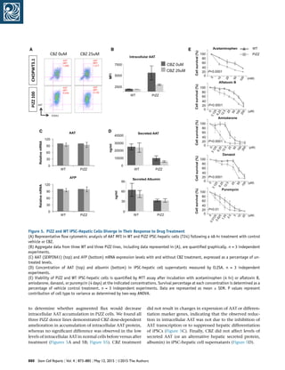to determine whether augmented ﬂux would decrease
intracellular AAT accumulation in PiZZ cells. We found all
three PiZZ donor lines demonstrated CBZ dose-dependent
amelioration in accumulation of intracellular AAT protein,
whereas no signiﬁcant difference was observed in the low
levels of intracellular AAT in normal cells before versus after
treatment (Figures 5A and 5B; Figure S5). CBZ treatment
did not result in changes in expression of AAT or differen-
tiation marker genes, indicating that the observed reduc-
tion in intracellular AAT was not due to the inhibition of
AAT transcription or to suppressed hepatic differentiation
of iPSCs (Figure 5C). Finally, CBZ did not affect levels of
secreted AAT (or an alternative hepatic secreted protein,
albumin) in iPSC-hepatic cell supernatants (Figure 5D).
Figure 5. PiZZ and WT iPSC-Hepatic Cells Diverge in Their Response to Drug Treatment
(A) Representative ﬂow cytometric analysis of AAT MFI in WT and PiZZ iPSC-hepatic cells (T24) following a 48-hr treatment with control
vehicle or CBZ.
(B) Aggregate data from three WT and three PiZZ lines, including data represented in (A), are quantiﬁed graphically. n = 3 independent
experiments.
(C) AAT (SERPINA1) (top) and AFP (bottom) mRNA expression levels with and without CBZ treatment, expressed as a percentage of un-
treated levels.
(D) Concentration of AAT (top) and albumin (bottom) in iPSC-hepatic cell supernatants measured by ELISA. n = 3 independent
experiments.
(E) Viability of PiZZ and WT iPSC-hepatic cells is quantiﬁed by MTT assay after incubation with acetaminophen (4 hr) or aﬂatoxin B,
amiodarone, danazol, or puromycin (4 days) at the indicated concentrations. Survival percentage at each concentration is determined as a
percentage of vehicle control treatment. n = 3 independent experiments. Data are represented as mean ± SEM. P values represent
contribution of cell type to variance as determined by two-way ANOVA.
880 Stem Cell Reports j Vol. 4 j 873–885 j May 12, 2015 j ª2015 The Authors
 