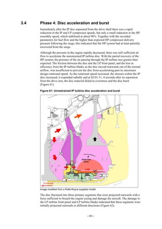 – 83 –
3.4 Phase 4: Disc acceleration and burst
Immediately after the IP disc separated from the drive shaft there was a rapid
reduction in the IP and LP compressor speeds, but only a small reduction in the HP
assembly speed, which stabilised at about 96%. Together with the recorded
parameters for fuel flow and the higher than expected HP compressor delivery
pressure following the surge, this indicated that the HP system had at least partially
recovered from the surge.
Although the pressure in the engine rapidly decreased, there was still sufficient air
flow to accelerate the unrestrained IP turbine disc. With the partial recovery of the
HP system, the pressure of the air passing through the IP turbine was greater than
expected. The friction between the disc and the LP front panel, and the loss in
efficiency from the IP turbine blades as the disc moved rearwards out of the normal
airflow, was insufficient to prevent the disc from accelerating past its maximum
design rotational speed. As the rotational speed increased, the stresses within the IP
disc increased, it expanded radially and at 02:01:11, 4 seconds after its separation
from the drive arm, the disc material failed in overstress and the disc burst
(Figure 61).
Figure 61: Unrestrained IP turbine disc acceleration and burst
Image modified from a Rolls-Royce supplied model
The disc fractured into three primary segments that were projected outwards with a
force sufficient to breach the engine casing and damage the aircraft. The damage to
the LP turbine front panel and LP turbine blades indicated that these segments were
initially projected outwards in different directions (Figure 62).
 