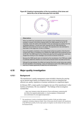 – 116 –
Figure 85: Graphical representation of the true positions of the bores and
datum M on the oil feed stub pipe from hub 0225
Observations:
When hub 0225 was manufactured, the true position of the interference bore was
probably in excess of the limits contained within the CMM program for the OP 70
inspection. Given the extent of the deviation of the as-measured true position from the
acceptable tolerance, it would have been expected that the CMM detected the
difference and produced an error on its report. The expected error was estimated to
have been in the range from ∅0.40 to ∅0.48mm.
Due to the greater uncertainty in the measurement of the true position of the fine limit
counter bore; there is uncertainty as to whether the CMM would have produced an error
at OP 230. The CMM report for the oil feed stub pipe fine limit counter bore could have
ranged from having no error message, up to an error of around ∅0.63 mm.
Because the CMM reports were not retained by the manufacturer, the ATSB was unable
to positively determine whether any errors were produced and/or recorded at the time.
Although the step between the drilled and reamed (fine limit) counter bores was outside
the limit specified in the drawings, it was not measured as part of the CMM program and
was thus a missed opportunity to detect the non-conformance.
4.10 Major quality investigation
4.10.1 Background
The manufacturer’s quality management system included a function for carrying
out an internal major quality investigation when an event was identified that
affected cost, quality, reputation or customer satisfaction to a significant degree.
In February 2007, a major quality investigation into one of the manufacturer’s other
facilities at Inchinnan, UK was completed.93
The findings of that investigation
included that:
... there were instances where the process of non-conformance sentencing did
not follow the required authorisation. i.e. local acceptance of dimensional
non-conformance by non-approved personnel ...
93
The manufacturer’s facility at Inchinnan produced a number of other gas turbine engine
components, including compressor blades. None of those parts directly related to the manufacture
of the HP/IP hub assembly, but the major quality investigation was the initiator for later events at
the Hucknall facility.
 