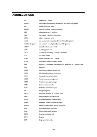 – xvi –
ABBREVIATIONS
AC Alternating Current
ACARS Airborne Communication Addressing and Reporting System
ACJ Advisory Circular Joint
ACMS Aircraft condition monitoring system
AES Airport emergency services
AIA Aerospace Industries Association
AMSL Above mean sea level
AAIB Air Accidents Investigation Branch (United Kingdom)
AAIB of Singapore Air Accident Investigation Bureau of Singapore
ANSU Aircraft network server unit
APU Auxiliary power unit
ARAC Aviation Rule making Advisory Committee
ATC Air traffic control
ATPL Airline Transport Pilot Licence
ATSB Australian Transport Safety Bureau
BEA Bureau d’Enquêtes et d’Analyses pour la sécurité de l’aviation civile
Cat Category
CMM Coordinate measuring machine
CMS Centralised maintenance system
CNC Computer numerical control
CRM Crew resource management
CSM Customer service manager
CVR Cockpit voice recorder
DAR Definition alteration request
DE Design engineer
DGAC Direction générale de l’aviation civile
DOA Design Organisation Approval
EASA European Aviation Safety Agency
EBHA Electrical backup hydraulic actuator
ECAM Electronic centralised aircraft monitoring
EEC Engine electronic controller
EHA Electro-hydrostatic actuator
EMU Engine monitoring unit
ENG Engine
ESN Engine serial number
 