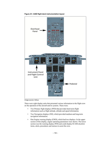 – 164 –
Figure A1: A380 flight deck instrumentation layout
Image source: Airbus
There were eight display units that presented various information to the flight crew
on the operation of the aircraft and its systems. These were:
• Two Primary flight displays (PFD) that provided short-term flight
information such as flight attitude, altitude and speed information.
• Two Navigation displays (ND), which provided medium and long-term
navigation information.
• One Engine warning display (EWD), which had two displays. In the upper
section of this display, engine operating parameters were shown. The lower
section was the warning display (WD) and could display ECAM checklist
items, alerts, procedures and memos to assist the crew.
 