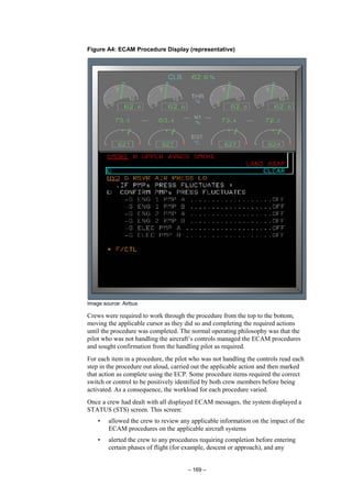 – 169 –
Figure A4: ECAM Procedure Display (representative)
Image source: Airbus
Crews were required to work through the procedure from the top to the bottom,
moving the applicable cursor as they did so and completing the required actions
until the procedure was completed. The normal operating philosophy was that the
pilot who was not handling the aircraft’s controls managed the ECAM procedures
and sought confirmation from the handling pilot as required.
For each item in a procedure, the pilot who was not handling the controls read each
step in the procedure out aloud, carried out the applicable action and then marked
that action as complete using the ECP. Some procedure items required the correct
switch or control to be positively identified by both crew members before being
activated. As a consequence, the workload for each procedure varied.
Once a crew had dealt with all displayed ECAM messages, the system displayed a
STATUS (STS) screen. This screen:
• allowed the crew to review any applicable information on the impact of the
ECAM procedures on the applicable aircraft systems
• alerted the crew to any procedures requiring completion before entering
certain phases of flight (for example, descent or approach), and any
 