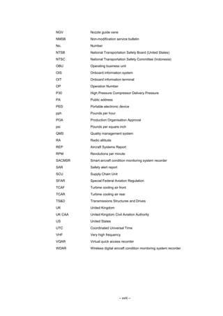 – xviii –
NGV Nozzle guide vane
NMSB Non-modification service bulletin
No. Number
NTSB National Transportation Safety Board (United States)
NTSC National Transportation Safety Committee (Indonesia)
OBU Operating business unit
OIS Onboard information system
OIT Onboard information terminal
OP Operation Number
P30 High Pressure Compressor Delivery Pressure
PA Public address
PED Portable electronic device
pph Pounds per hour
POA Production Organisation Approval
psi Pounds per square inch
QMS Quality management system
RA Radio altitude
REP Aircraft Systems Report
RPM Revolutions per minute
SACMSR Smart aircraft condition monitoring system recorder
SAR Safety alert report
SCU Supply Chain Unit
SFAR Special Federal Aviation Regulation
TCAF Turbine cooling air front
TCAR Turbine cooling air rear
TS&D Transmissions Structures and Drives
UK United Kingdom
UK CAA United Kingdom Civil Aviation Authority
US United States
UTC Coordinated Universal Time
VHF Very high frequency
VQAR Virtual quick access recorder
WDAR Wireless digital aircraft condition monitoring system recorder
 