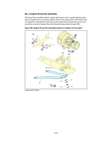 – 183 –
No. 2 engine thrust link assembly
The thrust link assembly transfers engine thrust load to the wing through the pylon
and is comprised of a cross beam and two thrust struts (Figure B3). Each thrust strut
is designed to withstand the limit loads of the engine thrust. Both thrust struts were
severed as a result of impacts from the liberated engine debris (Figure B4).
Figure B3: Engine thrust link assembly location in relation to the engine
Image source: Airbus
 