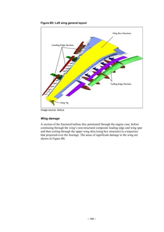 – 185 –
Figure B5: Left wing general layout
Image source: Airbus
Wing damage
A section of the fractured turbine disc penetrated through the engine case, before
continuing through the wing’s non-structural composite leading edge and wing spar
and then exiting through the upper wing skin (wing box structure) in a trajectory
that projected over the fuselage. The areas of significant damage to the wing are
shown in Figure B6.
 