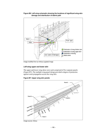 – 186 –
Figure B6: Left wing schematic showing the locations of significant wing skin
damage and distribution of debris path
Image modified from an Airbus supplied image
Left wing upper and lower skin
The upper and lower wing skins were each comprised of five separate panels
(Figure B7). The multiple wing panel design provided a degree of protection
against crack propagation across the wing skin.
Figure B7: Upper wing skin panels
Image source: Airbus
 