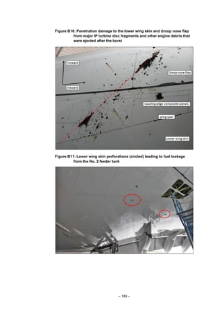– 189 –
Figure B10: Penetration damage to the lower wing skin and droop nose flap
from major IP turbine disc fragments and other engine debris that
were ejected after the burst
Figure B11: Lower wing skin perforations (circled) leading to fuel leakage
from the No. 2 feeder tank
 