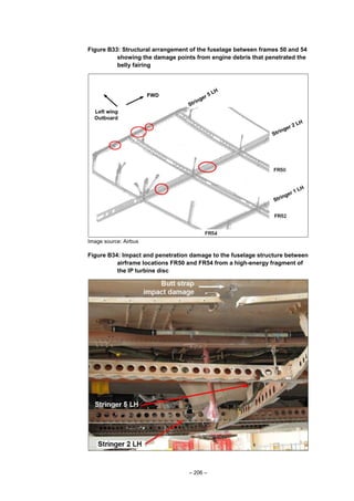 – 206 –
Figure B33: Structural arrangement of the fuselage between frames 50 and 54
showing the damage points from engine debris that penetrated the
belly fairing
Image source: Airbus
Figure B34: Impact and penetration damage to the fuselage structure between
airframe locations FR50 and FR54 from a high-energy fragment of
the IP turbine disc
 