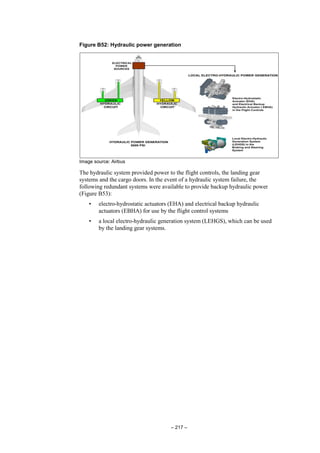 – 217 –
Figure B52: Hydraulic power generation
Image source: Airbus
The hydraulic system provided power to the flight controls, the landing gear
systems and the cargo doors. In the event of a hydraulic system failure, the
following redundant systems were available to provide backup hydraulic power
(Figure B53):
• electro-hydrostatic actuators (EHA) and electrical backup hydraulic
actuators (EBHA) for use by the flight control systems
• a local electro-hydraulic generation system (LEHGS), which can be used
by the landing gear systems.
 