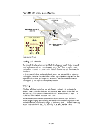 – 225 –
Figure B59: A380 landing gear configuration
Image source: Airbus
Landing gear extension
The Green hydraulic system provided the hydraulic power supply for the nose and
wing landing gear and their respective gear doors. The Yellow hydraulic system
provided the hydraulic power supply for the body landing gear and their respective
gear doors.
In the event that Yellow or Green hydraulic power was not available to extend the
landing gear, the crew were required to perform a gravity extension procedure. The
depressurisation of the Green hydraulic system necessitated the extension of the
landing gear by the flight crew using this procedure.
Braking
All of the A380’s wing landing gear wheels were equipped with hydraulically
actuated brakes. Similarly, all of the wheels on the body landing gear (except for
wheels 17 to 20) were equipped with hydraulically actuated brakes. Wheels 17 to
20 are used for body gear steering (Figure B59).
The A380’s braking control system included reconfiguration logic, which was
based on a philosophy of maintaining performance requirements despite associated
equipment failures that result in changes to the braking mode. A number of braking
modes were available in the A380, including NORMAL, ALTERNATE,
 