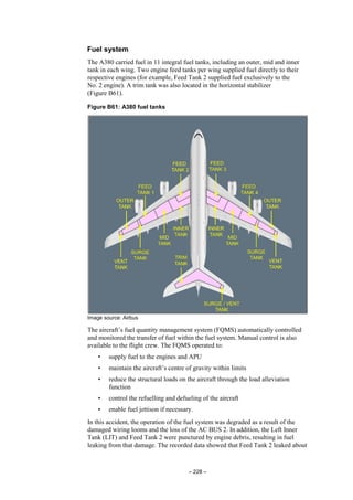 – 228 –
Fuel system
The A380 carried fuel in 11 integral fuel tanks, including an outer, mid and inner
tank in each wing. Two engine feed tanks per wing supplied fuel directly to their
respective engines (for example, Feed Tank 2 supplied fuel exclusively to the
No. 2 engine). A trim tank was also located in the horizontal stabilizer
(Figure B61).
Figure B61: A380 fuel tanks
Image source: Airbus
The aircraft’s fuel quantity management system (FQMS) automatically controlled
and monitored the transfer of fuel within the fuel system. Manual control is also
available to the flight crew. The FQMS operated to:
• supply fuel to the engines and APU
• maintain the aircraft’s centre of gravity within limits
• reduce the structural loads on the aircraft through the load alleviation
function
• control the refuelling and defueling of the aircraft
• enable fuel jettison if necessary.
In this accident, the operation of the fuel system was degraded as a result of the
damaged wiring looms and the loss of the AC BUS 2. In addition, the Left Inner
Tank (LIT) and Feed Tank 2 were punctured by engine debris, resulting in fuel
leaking from that damage. The recorded data showed that Feed Tank 2 leaked about
 