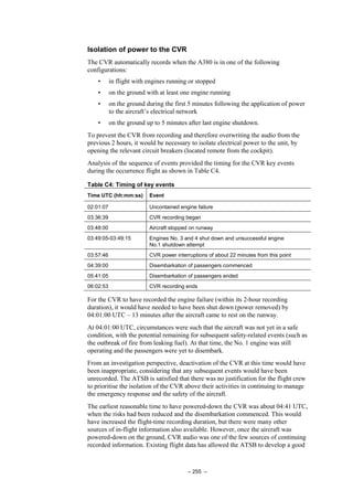 – 255 –
Isolation of power to the CVR
The CVR automatically records when the A380 is in one of the following
configurations:
• in flight with engines running or stopped
• on the ground with at least one engine running
• on the ground during the first 5 minutes following the application of power
to the aircraft’s electrical network
• on the ground up to 5 minutes after last engine shutdown.
To prevent the CVR from recording and therefore overwriting the audio from the
previous 2 hours, it would be necessary to isolate electrical power to the unit, by
opening the relevant circuit breakers (located remote from the cockpit).
Analysis of the sequence of events provided the timing for the CVR key events
during the occurrence flight as shown in Table C4.
Table C4: Timing of key events
Time UTC (hh:mm:ss) Event
02:01:07 Uncontained engine failure
03:36:39 CVR recording began
03:48:00 Aircraft stopped on runway
03:49:05-03:49:15 Engines No. 3 and 4 shut down and unsuccessful engine
No.1 shutdown attempt
03:57:46 CVR power interruptions of about 22 minutes from this point
04:39:00 Disembarkation of passengers commenced
05:41:05 Disembarkation of passengers ended
06:02:53 CVR recording ends
For the CVR to have recorded the engine failure (within its 2-hour recording
duration), it would have needed to have been shut down (power removed) by
04:01:00 UTC – 13 minutes after the aircraft came to rest on the runway.
At 04:01:00 UTC, circumstances were such that the aircraft was not yet in a safe
condition, with the potential remaining for subsequent safety-related events (such as
the outbreak of fire from leaking fuel). At that time, the No. 1 engine was still
operating and the passengers were yet to disembark.
From an investigation perspective, deactivation of the CVR at this time would have
been inappropriate, considering that any subsequent events would have been
unrecorded. The ATSB is satisfied that there was no justification for the flight crew
to prioritise the isolation of the CVR above their activities in continuing to manage
the emergency response and the safety of the aircraft.
The earliest reasonable time to have powered-down the CVR was about 04:41 UTC,
when the risks had been reduced and the disembarkation commenced. This would
have increased the flight-time recording duration, but there were many other
sources of in-flight information also available. However, once the aircraft was
powered-down on the ground, CVR audio was one of the few sources of continuing
recorded information. Existing flight data has allowed the ATSB to develop a good
 