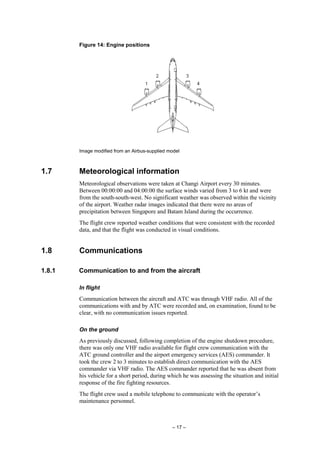 – 17 –
Figure 14: Engine positions
Image modified from an Airbus-supplied model
1.7 Meteorological information
Meteorological observations were taken at Changi Airport every 30 minutes.
Between 00:00:00 and 04:00:00 the surface winds varied from 3 to 6 kt and were
from the south-south-west. No significant weather was observed within the vicinity
of the airport. Weather radar images indicated that there were no areas of
precipitation between Singapore and Batam Island during the occurrence.
The flight crew reported weather conditions that were consistent with the recorded
data, and that the flight was conducted in visual conditions.
1.8 Communications
1.8.1 Communication to and from the aircraft
In flight
Communication between the aircraft and ATC was through VHF radio. All of the
communications with and by ATC were recorded and, on examination, found to be
clear, with no communication issues reported.
On the ground
As previously discussed, following completion of the engine shutdown procedure,
there was only one VHF radio available for flight crew communication with the
ATC ground controller and the airport emergency services (AES) commander. It
took the crew 2 to 3 minutes to establish direct communication with the AES
commander via VHF radio. The AES commander reported that he was absent from
his vehicle for a short period, during which he was assessing the situation and initial
response of the fire fighting resources.
The flight crew used a mobile telephone to communicate with the operator’s
maintenance personnel.
 