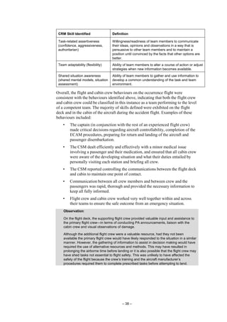 – 38 –
CRM Skill Identified Definition
Task-related assertiveness
(confidence, aggressiveness,
authoritarian)
Willingness/readiness of team members to communicate
their ideas, opinions and observations in a way that is
persuasive to other team members and to maintain a
position until convinced by the facts that other options are
better.
Team adaptability (flexibility) Ability of team members to alter a course of action or adjust
strategies when new information becomes available.
Shared situation awareness
(shared mental models, situation
assessment)
Ability of team members to gather and use information to
develop a common understanding of the task and team
environment.
Overall, the flight and cabin crew behaviours on the occurrence flight were
consistent with the behaviours identified above, indicating that both the flight crew
and cabin crew could be classified in this instance as a team performing to the level
of a competent team. The majority of skills defined were exhibited on the flight
deck and in the cabin of the aircraft during the accident flight. Examples of these
behaviours included:
• The captain (in conjunction with the rest of an experienced flight crew)
made critical decisions regarding aircraft controllability, completion of the
ECAM procedures, preparing for return and landing of the aircraft and
passenger disembarkation.
• The CSM dealt efficiently and effectively with a minor medical issue
involving a passenger and their medication, and ensured that all cabin crew
were aware of the developing situation and what their duties entailed by
personally visiting each station and briefing all crew.
• The CSM reported controlling the communications between the flight deck
and cabin to maintain one point of contact.
• Communication between all crew members and between crew and the
passengers was rapid, thorough and provided the necessary information to
keep all fully informed.
• Flight crew and cabin crew worked very well together within and across
their teams to ensure the safe outcome from an emergency situation.
Observation:
On the flight deck, the supporting flight crew provided valuable input and assistance to
the primary flight crew—in terms of conducting PA announcements, liaison with the
cabin crew and visual observations of damage.
Although the additional flight crew were a valuable resource, had they not been
available the primary flight crew would have likely responded to the situation in a similar
manner. However, the gathering of information to assist in decision making would have
required the use of alternative resources and methods. This may have resulted in
prolonging the airborne time before landing or it is also possible that the flight crew may
have shed tasks not essential to flight safety. This was unlikely to have affected the
safety of the flight because the crew’s training and the aircraft manufacturer’s
procedures required them to complete prescribed tasks before attempting to land.
 