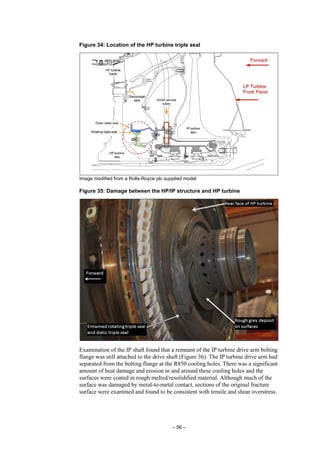 – 56 –
Figure 34: Location of the HP turbine triple seal
Image modified from a Rolls-Royce plc supplied model
Figure 35: Damage between the HP/IP structure and HP turbine
Examination of the IP shaft found that a remnant of the IP turbine drive arm bolting
flange was still attached to the drive shaft (Figure 36). The IP turbine drive arm had
separated from the bolting flange at the R850 cooling holes. There was a significant
amount of heat damage and erosion in and around these cooling holes and the
surfaces were coated in rough melted/resolidified material. Although much of the
surface was damaged by metal-to-metal contact, sections of the original fracture
surface were examined and found to be consistent with tensile and shear overstress.
 