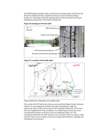 – 57 –
The HP/IP bearing chamber triple seal and the rear rotating triple seal between the
IP and LP turbines showed a significant amount of erosion and heat damage
(Figure 37). The flange of the rear rotating triple seal also contained erosion pits
immediately behind each of the R850 cooling holes.
Figure 36: Damage to IP drive shaft
Figure 37: Location of the triple seals
Image modified from a Rolls-Royce plc supplied model
The section of the IP turbine disc that was recovered from Batam Island, Indonesia
(Figure 12) was examined in detail by the engine manufacturer under the
supervision of the ATSB. This section of disc consisted of about 43% of the total
disc and weighed about 70 kg. In addition, two radial fractures in the disc and a
circumferential fracture in the drive arm were identified (Figure 38). The
examination found that all of the fractures were consistent with an overstress of the
material. There was no evidence of any pre-existing material defect or damage that
contributed to the fractures.
 