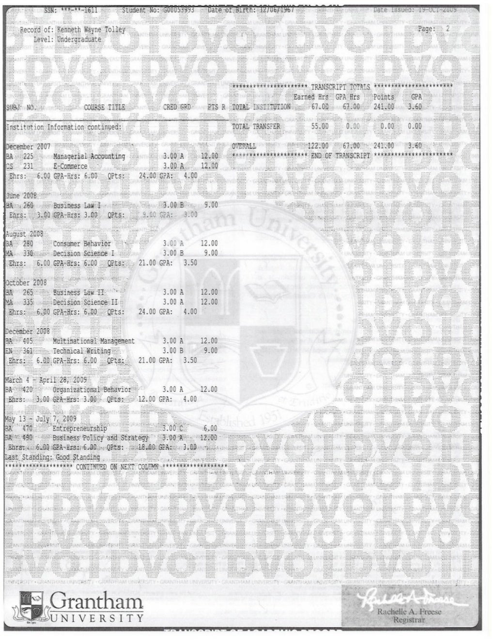 Grantham University Official Transcript 1 