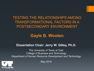 TESTING THE RELATIONSHIPS AMONG
TRANSFORMATIONAL FACTORS IN A
POSTSECONDARY ENVIRONMENT
Gayle B. Wooten
Dissertation Chair: Jerry W. Gilley, Ph.D.
The University of Texas at Tyler
College of Business and Technology
Department of Human Resource Development and Technology
May 2014
 