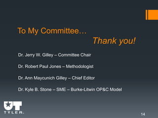 To My Committee…
Thank you!
Dr. Jerry W. Gilley – Committee Chair
Dr. Robert Paul Jones – Methodologist
Dr. Ann Maycunich Gilley – Chief Editor
Dr. Kyle B. Stone – SME – Burke-Litwin OP&C Model
14
 