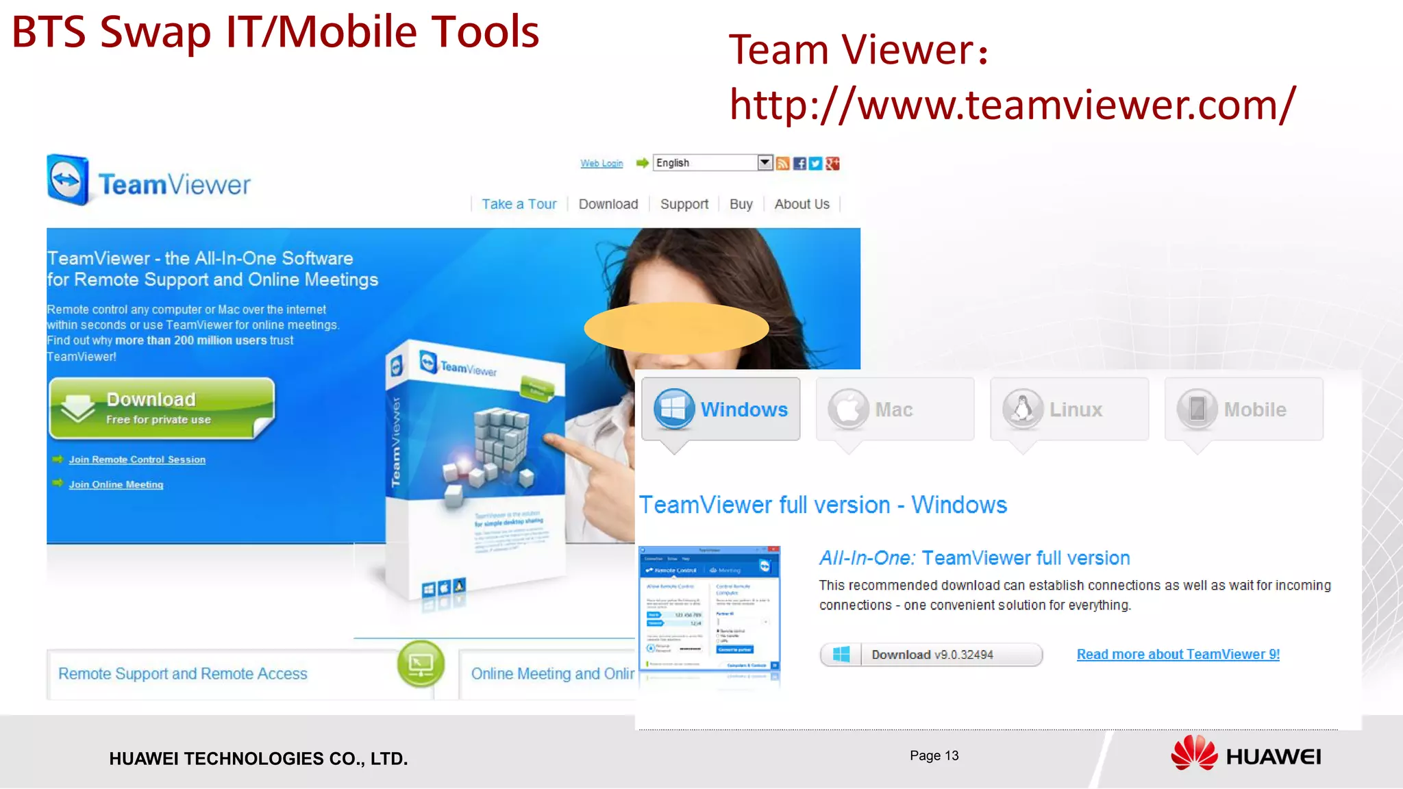 Page 13HUAWEI TECHNOLOGIES CO., LTD.
BTS Swap IT/Mobile Tools Team Viewer：
http://www.teamviewer.com/
 