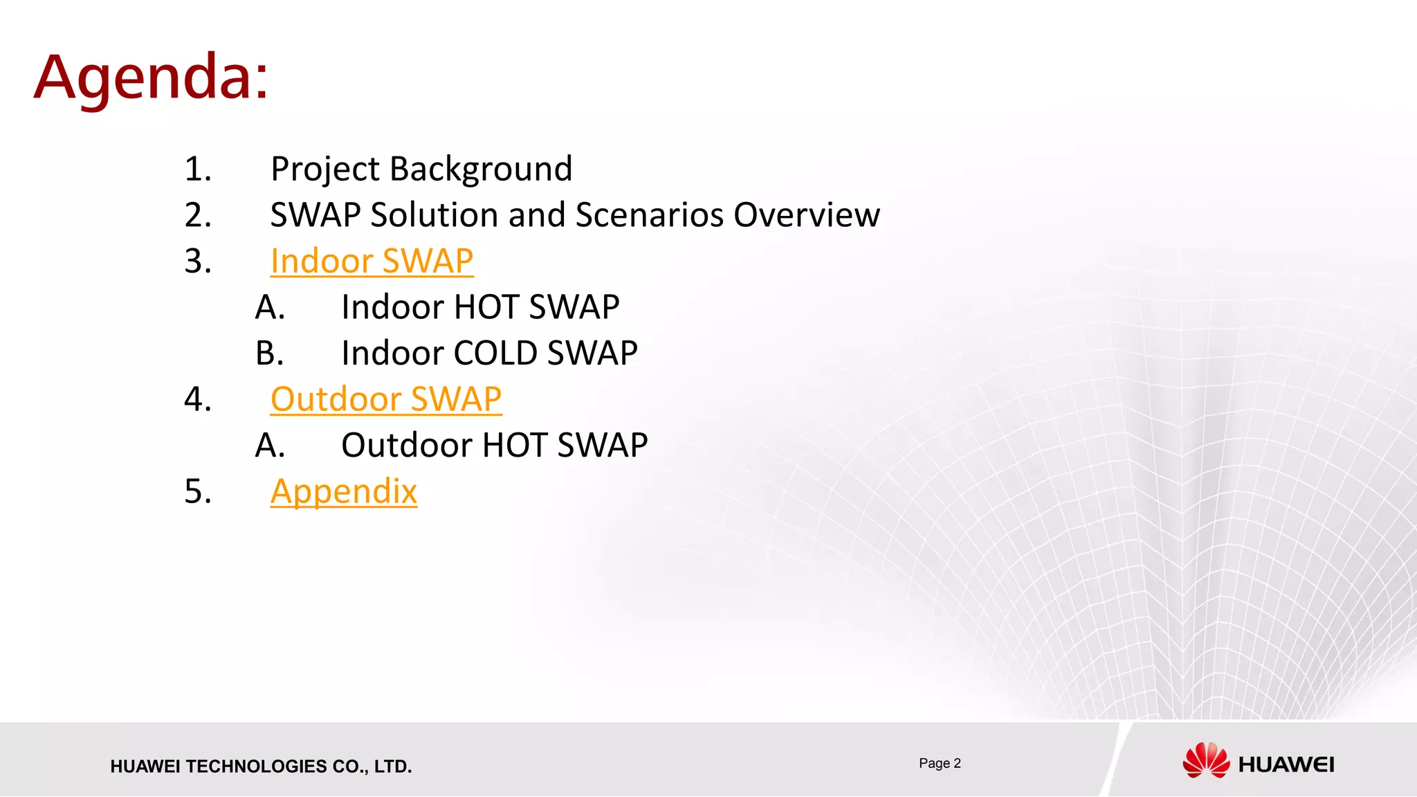 Page 2HUAWEI TECHNOLOGIES CO., LTD.
1. Project Background
2. SWAP Solution and Scenarios Overview
3. Indoor SWAP
A. Indoor HOT SWAP
B. Indoor COLD SWAP
4. Outdoor SWAP
A. Outdoor HOT SWAP
5. Appendix
Agenda:
 