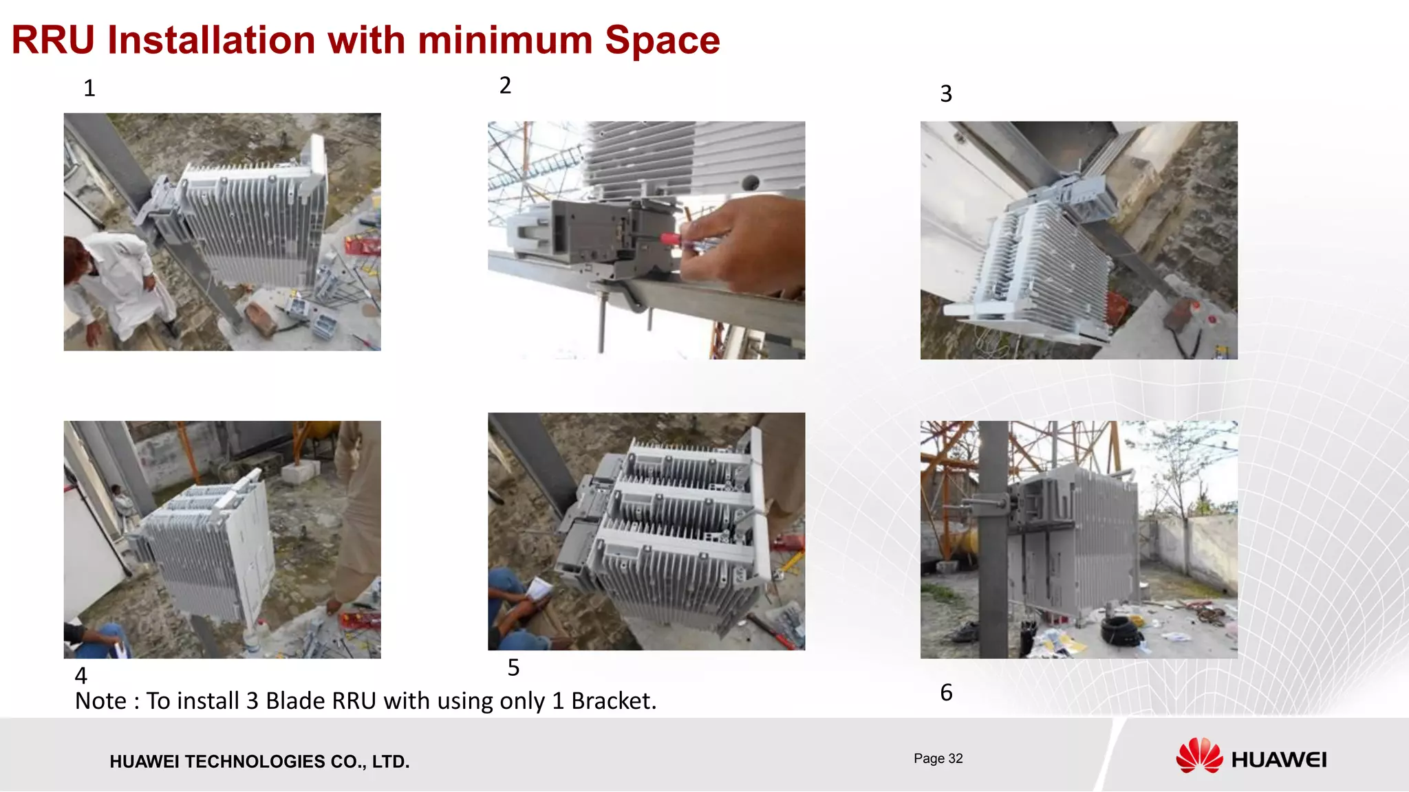 Page 32HUAWEI TECHNOLOGIES CO., LTD.
RRU Installation with minimum Space
Note : To install 3 Blade RRU with using only 1 Bracket.
1 2 3
4 5
6
 
