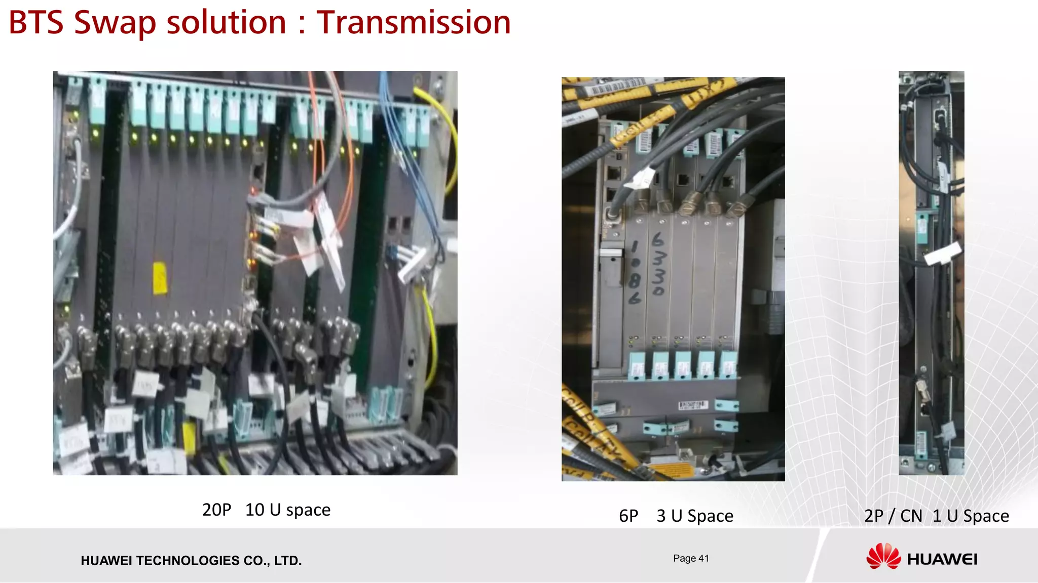 Page 41HUAWEI TECHNOLOGIES CO., LTD.
BTS Swap solution : Transmission
20P 10 U space 6P 3 U Space 2P / CN 1 U Space
 