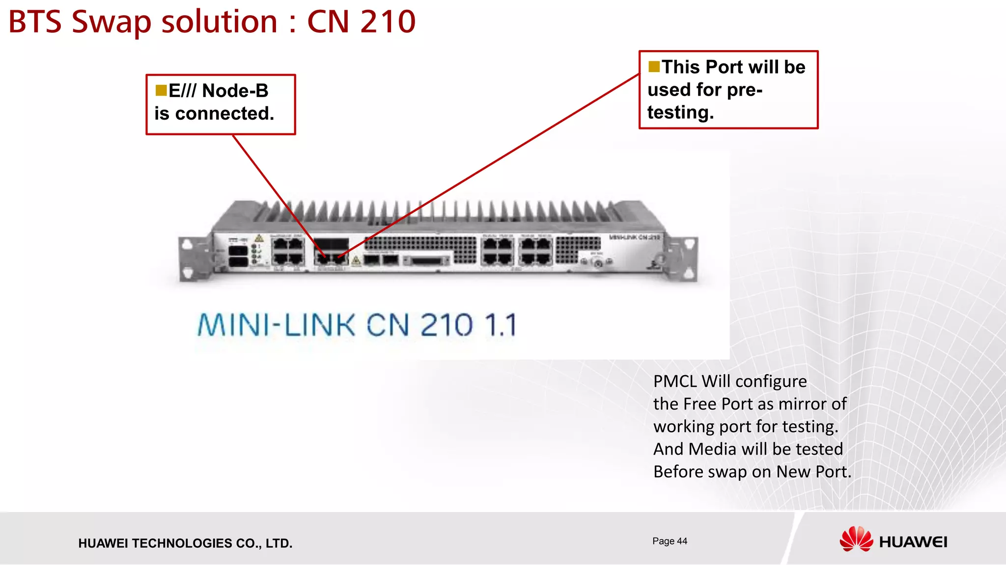 Page 44HUAWEI TECHNOLOGIES CO., LTD.
BTS Swap solution : CN 210
PMCL Will configure
the Free Port as mirror of
working port for testing.
And Media will be tested
Before swap on New Port.
This Port will be
used for pre-
testing.
E/// Node-B
is connected.
 