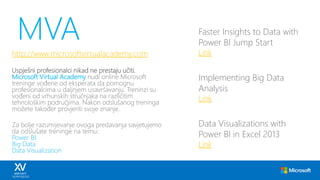 MVA
http://www.microsoftvirtualacademy.com
Uspješni profesionalci nikad ne prestaju učiti.
Microsoft Virtual Academy nudi online Microsoft
treninge vođene od eksperata da pomognu
profesionalcima u daljnjem usavršavanju. Treninzi su
vođeni od vrhunskih stručnjaka na različitim
tehnološkim područjima. Nakon odslušanog treninga
možete također provjeriti svoje znanje.
Za bolje razumijevanje ovoga predavanja savjetujemo
da odslušate treninge na temu:
Power BI
Big Data
Data Visualization
Faster Insights to Data with
Power BI Jump Start
Link
Implementing Big Data
Analysis
Link
Data Visualizations with
Power BI in Excel 2013
Link
 