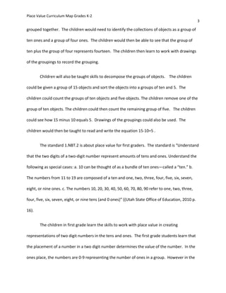 Place Value Curriculum Map Grades K-2
3
grouped together. The children would need to identify the collections of objects as a group of
ten ones and a group of four ones. The children would then be able to see that the group of
ten plus the group of four represents fourteen. The children then learn to work with drawings
of the groupings to record the grouping.
Children will also be taught skills to decompose the groups of objects. The children
could be given a group of 15 objects and sort the objects into a groups of ten and 5. The
children could count the groups of ten objects and five objects. The children remove one of the
group of ten objects. The children could then count the remaining group of five. The children
could see how 15 minus 10 equals 5. Drawings of the groupings could also be used. The
children would then be taught to read and write the equation 15-10=5 .
The standard 1.NBT.2 is about place value for first graders. The standard is “Understand
that the two digits of a two-digit number represent amounts of tens and ones. Understand the
following as special cases: a. 10 can be thought of as a bundle of ten ones—called a “ten.” b.
The numbers from 11 to 19 are composed of a ten and one, two, three, four, five, six, seven,
eight, or nine ones. c. The numbers 10, 20, 30, 40, 50, 60, 70, 80, 90 refer to one, two, three,
four, five, six, seven, eight, or nine tens (and 0 ones)” ((Utah State Office of Education, 2010 p.
16).
The children in first grade learn the skills to work with place value in creating
representations of two digit numbers in the tens and ones. The first grade students learn that
the placement of a number in a two digit number determines the value of the number. In the
ones place, the numbers are 0-9 representing the number of ones in a group. However in the
 