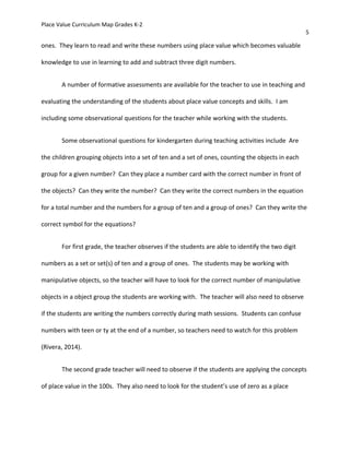 Place Value Curriculum Map Grades K-2
5
ones. They learn to read and write these numbers using place value which becomes valuable
knowledge to use in learning to add and subtract three digit numbers.
A number of formative assessments are available for the teacher to use in teaching and
evaluating the understanding of the students about place value concepts and skills. I am
including some observational questions for the teacher while working with the students.
Some observational questions for kindergarten during teaching activities include Are
the children grouping objects into a set of ten and a set of ones, counting the objects in each
group for a given number? Can they place a number card with the correct number in front of
the objects? Can they write the number? Can they write the correct numbers in the equation
for a total number and the numbers for a group of ten and a group of ones? Can they write the
correct symbol for the equations?
For first grade, the teacher observes if the students are able to identify the two digit
numbers as a set or set(s) of ten and a group of ones. The students may be working with
manipulative objects, so the teacher will have to look for the correct number of manipulative
objects in a object group the students are working with. The teacher will also need to observe
if the students are writing the numbers correctly during math sessions. Students can confuse
numbers with teen or ty at the end of a number, so teachers need to watch for this problem
(Rivera, 2014).
The second grade teacher will need to observe if the students are applying the concepts
of place value in the 100s. They also need to look for the student’s use of zero as a place
 