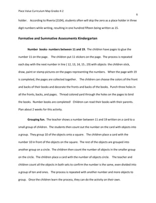 Place Value Curriculum Map Grades K-2
6
holder. According to Riveria (2104), students often will skip the zero as a place holder in three
digit numbers while writing, resulting in one hundred fifteen being written as 15.
Formative and Summative Assessments Kindergarten
Number books- numbers between 11 and 19. The children have pages to glue the
number 11 on the page. The children put 11 stickers on the page. The process is repeated
each day with the next number in line ( 12, 13, 14, 15…19) with objects the children stick,
draw, paint or stamp pictures on the pages representing the numbers. When the page with 19
is completed, the pages are collected together. The children can choose the colors of the front
and backs of their books and decorate the fronts and backs of the books. Punch three holes in
all the fronts, backs, and pages. Thread colored yard through the holes on the pages to bind
the books. Number books are completed! Children can read their books with their parents.
Plan about 2 weeks for this activity.
Grouping fun. The teacher shows a number between 11 and 19 written on a card to a
small group of children. The students then count out the number on the card with objects into
a group. They group 10 of the objects onto a square. The children place a card with the
number 10 in front of the objects on the square. The rest of the objects are grouped into
another group on a circle. The children then count the number of objects in the smaller group
on the circle. The children place a card with the number of objects circle. The teacher and
children count all the objects in both sets to confirm the number is the same, even divided into
a group of ten and ones. The process is repeated with another number and more objects to
group. Once the children learn the process, they can do the activity on their own.
 