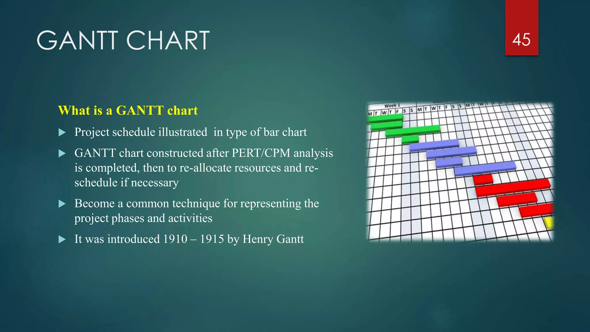 GANTT CHART
What is a GANTT chart
 Project schedule illustrated in type of bar chart
 GANTT chart constructed after PERT/CPM analysis
is completed, then to re-allocate resources and re-
schedule if necessary
 Become a common technique for representing the
project phases and activities
 It was introduced 1910 – 1915 by Henry Gantt
45
 