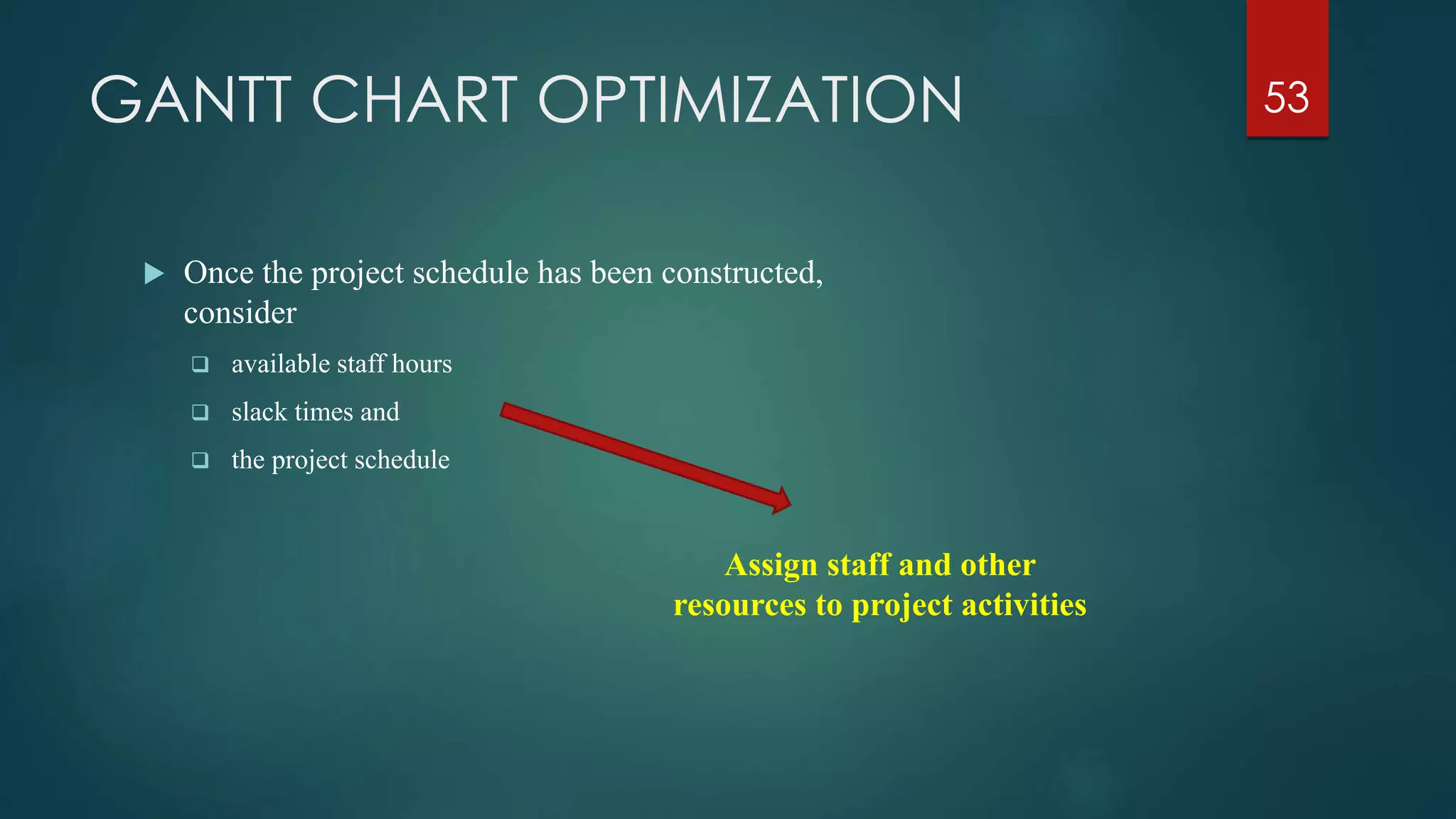 GANTT CHART OPTIMIZATION
 Once the project schedule has been constructed,
consider
 available staff hours
 slack times and
 the project schedule
53
Assign staff and other
resources to project activities
 