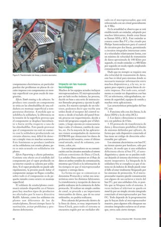 cado en el microprocesador, que está
                                                                                                          referenciado con un cristal generalmente
                                                                                                          de 4 Mhz.
                                                                                                              En la actualidad se observa que se está
                                                                                                          estableciendo un estándar, adoptado por
                                                                                                          muchos fabricantes, donde estas líneas
                                                                                                          se llaman SDA y SCL. Este estándar se
                                                                                                          conoce como Bus I2C y fue creado por
                                                                                                          Philips Semiconductors para el control
                                                                                                          de circuitos por dos líneas, permitiendo
                                                                                                          a circuitos integrados interactuar entre
                                                                                                          sí a velocidades relativamente lentas, con
                                                                                                          un máximo de velocidad de transmisión
                                                                                                          de datos aproximada de 100 Kbits por
                                                                                                          segundo, en modo estándar o a 400 Kbits
                                                                                                          por segundo en modo rápido empleando
                                                                                                          comunicación serie.
                                                                                                              Dado que no siempre se requiere una
Figura 5. Transformador de líneas y circuitos asociados.                                                  alta velocidad de transmisión de datos,
                                                                                                          este bus es ideal para sistemas donde es
                                                                                                          necesario manejar información entre
componentes electrónicos; en particular                    Impacto en las nuevas                          muchos dispositivos y, a la vez, se re-
pueden dar problemas en placas de cir-                     tecnologías                                    quiere poco espacio y pocas líneas de cir-
cuito impreso con componentes en mon-                      Muchos de los equipos actuales incluyen        cuito impreso. Por todo esto, actual-
taje superficial con gran escala de inte-                  microprocesadores. El microprocesador          mente es común ver dispositivos con bus
gración..                                                  por un lado recibe órdenes, las procesa,       I2C en televisores, videograbadoras, sis-
    Efecto Tomb-stoning o de cabeceo. Se                   decide en base a una serie de instruccio-      temas de seguridad, equipos de sonido y
produce esto cuando un componente                          nes llamadas programa y ejecuta la apli-       muchas otras aplicaciones.
se sitúa en las almohadillas de una sol-                   cación. En nuestro ejemplo de un tele-             Las características principales del bus
dadura en montaje superficial a tem-                       visor, podemos decir que recibe una            I2C son:
peraturas distintas. A medida que se                       orden desde el receptor del control re-            1. Funciona sólo con dos líneas, la de
solidifica la soldadura, la diferencia en                  moto o desde el teclado del panel fron-        datos (SDA) y la de reloj (SCL).
la tensión de la superficie provoca que                    tal, procesa ese requerimiento, decide a           2. Los datos y direcciones se transmi-
el componente se desplace lateralmen-                      través del programa cargado por el fabri-      ten con palabras de 8 bits.
te o hacia arriba respecto a una de                        cante, y luego ejecuta en consecuencia:            3. El protocolo de transferencia de
las almohadillas. Esto puede provocar                      baja o sube el volumen, cambia de cana-        datos y direcciones posibilita el diseño
que el componente no esté en contac-                       les, etc. En la mayoría de las aplicacio-      de sistemas definidos por software, de
to con la soldadura produciendo un                         nes vienen acompañados de memorias             forma que cada dispositivo conectado al
circuito abierto; muy difícil de detec-                    EEPROM que almacenan los datos de              bus tiene un código de dirección selec-
tar a simple vista en muchas ocasiones.                    preferencia del usuario, como el último        cionable por software.
Este fenómeno se produce también                           canal mirado, nivel de volumen, con-               Los sistemas electrónicos con bus I2C
en las soldaduras con estaño-plomo, pe-                    traste, color, etc.                            no tienen ajustes por hardware, sólo por
ro es más acusado en soldaduras sin                            Los microprocesadores en su comuni-        software, de modo que si una soldadura
plomo.                                                     cación con los circuitos asociados al mismo    defectuosa afecta al bus I 2C, el auto-
    Efecto Popcorning o efecto palomitas.                  utilizan conexiones de Data y Clock.           diagnóstico y ajuste no se pueden reali-
Consiste este efecto en el estallido del                   Las señales Data consisten en el flujo de      zar dejando al sistema electrónico total-
componente por el vapor producido en                       datos en ambos sentidos de comunicación,       mente inoperativo. La búsqueda de la
su interior cuando se calienta por solda-                  mientras que Clock es la información de        soldadura fría se complica ya que el sis-
dura. Si el vapor producido no puede salir                 los tiempos en que el microprocesador          tema no da indicios de dónde puede estar
rápidamente, la presión puede dañar el                     requiere o entrega datos.                      el fallo al estar totalmente bloqueado por
componente aunque no llegue a estallar,                        La forma en que se comunican se            los sistemas de protección. Si el micro-
sobre todo si el componente es de pe-                      denomina Protocolo y varían sus carac-         procesador maestro pierde comunicación
queño tamaño como ocurre en montaje                        terísticas entre los distintos fabricantes.    con alguno de sus esclavos a través del
superficial.                                               La transferencia y recepción de datos no       bus I2C, por una soldadura fría, es posi-
    El soldante de estaño/plomo conti-                     podría realizarse sin la existencia de dicho   ble que se bloquee todo el sistema. A
nuará estando disponible en el futuro                      protocolo. Al realizar un simple cambio        veces incluso el televisor se queda en
pues hay muchos tipos de productos                         de canal, se procede a un importante           stand-by por un simple circuito integrado
no afectados por la nueva directiva                        intercambio de datos, que de no estar          conectado al microprocesador por bus
RoHS. Además, como los soldantes sin                       ordenados, no podría realizarse.               I2C. Todo depende de la programación
plomo son diferentes de los de                                 Pero además del protocolo dentro de        que le hayan dado al microprocesador
estaño/plomo, llevará tiempo hacer la                      la línea de datos, es muy importante la        maestro, pues algunos sólo chequean sus
sustitución, evitar problemas y pro-                       línea Clock, pues todo el sistema se           circuitos integrados esclavos en el arran-
ductos defectuosos.                                        encuentra regido por un oscilador ubi-         que, otros cada cierto tiempo.


42                                                                                                                   Técnica Industrial 266 - Diciembre 2006
 