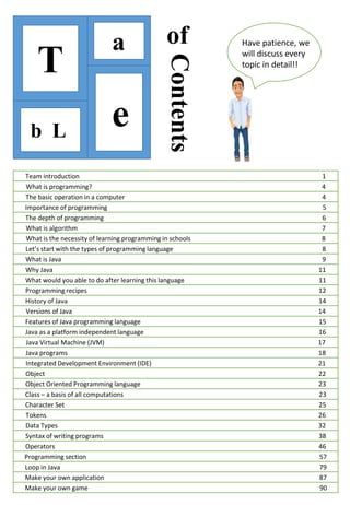 T
b L
a
e
of
ContentsTeam introduction 1
What is programming? 4
The basic operation in a computer 4
Importance of programming 5
The depth of programming 6
What is algorithm 7
What is the necessity of learning programming in schools 8
Let’s start with the types of programming language 8
What is Java 9
Why Java 11
What would you able to do after learning this language 11
Programming recipes 12
History of Java 14
Versions of Java 14
Features of Java programming language 15
Java as a platform independent language 16
Java Virtual Machine (JVM) 17
Java programs 18
Integrated Development Environment (IDE) 21
Object 22
Object Oriented Programming language 23
Class – a basis of all computations 23
Character Set 25
Tokens 26
Data Types 32
Syntax of writing programs 38
Operators 46
Programming section 57
Loop in Java 79
Make your own application 87
Make your own game 90
Have patience, we
will discuss every
topic in detail!!
 