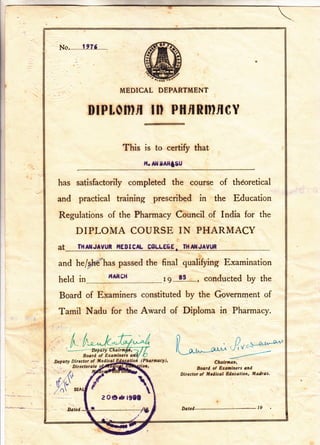 Diploma in Pharmacy Certificate with Apostille Attestation - Front Side