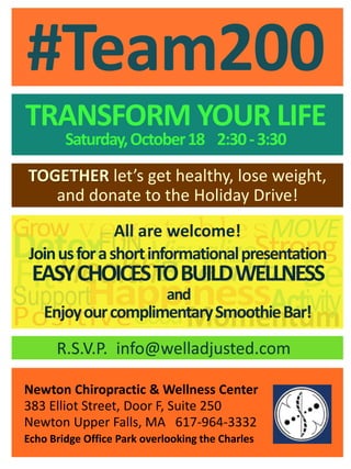 FUN 
Newton Chiropractic & Wellness Center 
383 Elliot Street, Door F, Suite 250 
Newton Upper Falls, MA 617-964-3332 
Echo Bridge Office Park overlooking the Charles 
TOGETHER let’s get healthy, lose weight, 
and donate to the Holiday Drive! 
Detox 
Be 
Health 
Support 
Momentum 
Good 
Activity 
MOVE 
Visualize 
All are welcome! 
Join us for a short informational presentation 
EASY CHOICES TO BUILD WELLNESS 
and 
Enjoy our complimentary Smoothie Bar! 