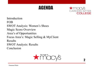 AGENDA
Introduction
FOB
SWOT Analysis: Women’s Shoes
Magic Score Overview
Area’s of Opportunities
Focus Area’s: Magic Selling & MyClient
Results
SWOT Analysis: Results
Conclusion
Emanuel Ruiz
2
 