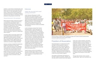 56 57
incidents, in each instance mentioned above, Gap
failed to intervene and ensure that either Orient
Craft or Gap, Inc. took responsibility for worker
injuries. Instead, Gap has tacitly accepted and
endorsed the practice of concealing occupational
injuries and even deaths by continuing to contract
production of Gap products to Orient Craft.
Sexual harassment in the workplace
Women garment workers routinely face violence
in the workplace, including sexual harassment
and physical and sexual violence. India’s
Sexual Harassment of Work Place (Prevention,
Prohibition and Redressal) Act, 2013, mandates
employers institute sexual harassment
committees to provide clear and accessible
grievance mechanisms. Most committees,
however, exist only in formal records and fall
short of achieving their objective of safeguarding
women workers.
According to Right To Information petitions filed
by the Gurgaon-based Nari Shakti Manch—an
organization of women workers in the Delhi-
NCR—Pearl Global, Plots No. 208 and 274; Orient
Fashion Exports, Plots No. 488/3 and 68; and
Pyognam Plot No. 273 all report having sexual
harassment committees as legally mandated.
However, according to Elizabeth Khumallambam,
Programme Coordinator for Nari Shakti
Manch—while most factories have established
sexual harassment committees on paper these
committees have not materialized in practice.
“The names of committee members are not
posted, positions are not elected, we don’t know
if there is an external member and meetings
are not held,” Khumallambam explained. “The
composition of these committees is entirely
unknown.”
Indonesia
Health risks associated with unsafe
working environments
Under Indonesia’s Manpower Act, 2003,
enterprises that employ 100 people or more
and have the potential for danger posed by
material processes of production are required to
apply an Occupational Safety and Health (OSH)
Management System. The OSH Management
system requires organizational structures,
procedures and processes to address risks
associated with production activities and establish
safe workplaces.
In 2013, Greenpeace released Toxic Threads:
Polluting Paradise, a report exposing the use
of toxic chemicals in garment manufacturing
processes in Indonesia by Gap Inc., including in
production of Old Navy, Gap and Banana Republic
clothing lines. In a 2013 letter from Greenpeace
South Asia to Glenn Murphy, the Chief Executive
Director of Gap, Inc. Greenpeace exposed the use
of toxic chemicals in manufacturing processes and
dumping of toxic waste into the Citarum River,
West Java. Greenpeace researchers identified a
wide range of hazardous substances, including
nonylphenol and tributyl phosphate, in water
samples taken from the PT Gistex facility—a
producer for Gap Inc. According to Greenpeace
investigations, these chemicals have also been
found to be in use in Gap factories in China and
Mexico (Greenpeace 2013).
Despite numerous calls for accountability, at
the time of writing, Gap has taken no known
significant action to address exposure of workers
to toxic substances or contamination of local
water supplies.
Freedom of Association
The ILO Declaration on Fundamental Principles
and Rights at Work recognizes the right to
organize as one of four fundamental rights to
be upheld by ILO member states. Together, the
Freedom of Association and Protection of the
Right to Organize Convention, 1948 (No. 87)
and Right to Organize and Collective Bargaining
Convention, 1949 (No.98) outline the right to join
a trade union and the right to organize.
The Freedom of Association and Protection of
the Right to Organize Convention, 1948 (No. 87)
calls upon states to prevent discrimination against
trade unions; protect employers’ and workers’
organizations against mutual interference; and
undertake measures to promote collective
bargaining. The Right to Organize and Collective
Bargaining Convention, 1949 (No. 98), protects
workers who are exercising the right to organize;
upholds the principle of non-interference
between workers’ and employers’ organizations;
and promotes voluntary collective bargaining.
Freedom of association and collective bargaining
are integral to the protection of other labour
rights.
The Gap Code of Vendor Conduct explicitly
upholds workers’ rights to join associations and
Garment workers in Haryana, India, including Gap supply chain workers, demand implementation
of minimum wages and an end to contract labour.
Society for Labour and Development
 