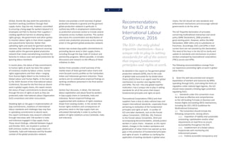 6 7
2016a). Brands like Gap wield the potential to
transform working conditions through their
supply chains. Gap has not, however, committed
to ensuring a living wage for workers beyond U.S.
employees and fails to disclose their suppliers—
creating significant barriers to allowing labour
rights groups, the government and other parties
to monitor labour rights in their direct supplier
and subcontractor factories. Rather than
upholding rights and work for garment workers
overseas, Gap maintains high pressure sourcing
models within the garment global production
network that create overwhelming incentives for
factories to reduce costs and speed production by
ignoring labour standards.
In recent years, the status of Gap commitments
to human rights at work has been the subject
of numerous studies by labour unions, human
rights organizations and their allies—ranging
from Human Rights Watch to the Institute for
Global Labour and Human Rights. In the lead up
to the 105th Session of the International Labour
Conference, focused for the first time on decent
work in global supply chains, this report revisits
the status of Gap’s commitments to decent work
through the lens of rights at work as they are
protected under International Labour Organization
(ILO) conventions and other instruments.
Shedding light on the gaps in implementation of
Gap commitments, violations of international
labour standards and challenges Gap may face
in upholding commitments to decent work,
this report contributes new research collected
through interviews with 150 workers in India
and Indonesia engaged in Gap supply chains.
These recent findings, collected between August
and October 2015, are situated in context of
both previous studies on Gap supply chains in
Cambodia, India and Indonesia and the broader
context of the global production network.
Section one provides a brief overview of global
production networks in general and the garment
global production network in particular. It
outlines key shifts in employment relationships
as production processes evolve to include several
companies across multiple countries. This section
also traces the concentration and distribution of
control over production processes across various
actors in the garment global production network.
Section two reviews Gap public commitments to
promoting decent work in their supply chains,
including through the Gap Code of Conduct and
partnership programs. Where possible, it includes
discussions and research on the efficacy of these
initiatives to date.
Section three provides a brief overview of the
market share of Asian garment value chains and
more focused country profiles on the Cambodian,
Indian and Indonesian garment industries. These
sections aim to contextualize empirical findings on
working conditions presented in the final section
of the report.
Section four discusses, in detail, the intensive
labour exploitation and abuse faced by workers
in Gap supply chains in Cambodia, India and
Indonesia. Recent empirical findings are
supplemented with evidence of rights violations
drawn from existing studies. In this section the
human rights violations and consequences of
precarious work in the Gap supply chain are
articulated thematically in order to surface the
pattern of rights violations across Cambodia, India
and Indonesia.
Recommendations
for the ILO at the
International Labour
Conference, 2016
The ILO—the only global
tripartite institution—has a
unique role to play in setting
standards for all of the actors
that impact fundamental
principles and rights at work.
As detailed in this report on the garment global
production network (GPN), due to the scale
of global trade accounted for by Global Value
Chains (GVCs) there is an urgent need for global
mechanisms to monitor and regulate GVCs
and GPNs. The ILO—the only global tripartite
institution—has a unique role to play in setting
standards for all of the actors that impact
fundamental principles and rights at work.
Transnational Corporations (TNCs) and their
suppliers have a duty to obey national laws and
respect international standards—especially those
pertaining to realization of the fundamental
principles and rights at work. A number of
ILO core labor standards, such as the Forced
Labour Convention, 1930 (No. 29), Protocol
to the Forced Labour Convention, 2014 and
accompanying Recommendation, already protect
workers in value chains. However, as this report
details, changes in the modern workplace and
globalization of value chains has opened up new
gaps in the protection of fundamental principles
and rights at work. In addition to clarifying the
application of existing standards in global value
chains, the ILO should set new standards and
enforcement mechanisms and encourage national
governments to do the same.
The ILO Tripartite declaration of principles
concerning multinational enterprises and social
policy (MNE Declaration), 2006 provides a
good starting point. However, within the MNE
Declaration, MNE refers only to subsidiaries or
franchises. Accordingly, GVCs and GPNs in their
current form are not covered by this Declaration.
The need of the hour is for the ILO to clarify and
update its standards and mechanisms to protect
workers employed by transnational corporations
(TNCs) across vast GPNs.
The following recommendations emerge from
our experience promoting rights at work in global
value chains.
1. Given the well-documented and rampant
exploitation of workers and resources by MNEs
operating through GVCs, and noting the limits on
regulation under national legal regimes, the ILO
should move towards a binding legal convention
regulating GVCs.
1.1. Standards under this convention must
be at least as effective and comprehensive
as the UN Guiding Principle on Business and
Human Rights and existing OECD mechanisms,
including the 2011 OECD Guidelines for
Multinational Enterprises.
1.2. The Convention should include the
following components, among others:
1.2.1. Imposition of liability and sustainable
contracting, capitalization and/or other
requirements on lead firms to ensure
accountability throughout the GVC.
1.2.2. Establishment of a Global Labour
Inspectorate with monitoring and
enforcement powers.
1.2.3. Publicly accessible transparency and
 