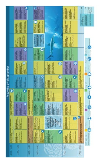 Fridaythe2nd
ofSeptember
09:30-10:00
09:30-10:00NOAA’sScienceonaSphere:Mapsto
DiscoverOurWorld
NOAA/TBG-UnitedStatesPavilion
10:00-10:30Thesmallestbiggestplastic
pollutioneventintheworld
IUCN-Oceans&IslandsPavilion
11:00-13:00
11:00-12:00
WelcomeforPacific
IslandLeaders
IUCNOceaniaRegional
Office
Hawai‘i-PacificPavilionB
11:30-12:00
NOAA’sScienceona
Sphere:NewFrontiersin
EarthObservations
NOAA/TBG
UnitedStatesPavilion
11:00-13:00
Ecotourismasatoolfor
conservationoficonic
marinespeciesinthe
PacificIslands
SecretariatofthePacific
RegionalEnvironment
Programme-SPREP
Room315
11:00-13:00
MatchMaker:
connectingcitizen
sciencetotheIUCN
RedList
MarineMegafauna
Foundation
Room311-13
11:00-13:00
MarinePlanning
AdvancementTraining
ConservationCampus
DukeUniversity-
NicholasSchoolofthe
Environment
Room305B
ConservationCampus
11:00-13:00
InnovativeGovernance
Approachesforthe
SustainableUseand
Managementof
MangroveEcosystems:
TheExperienceof
Ecuador
CI-Ecuador
Oceans&IslandsPavilion
11:00-13:00Blue
Economy:Reducing
theimpactofmarine
fisheriesbycatchon
biodiversity:policy,
economicinstruments
andtechnicalchange
EBCD
Room319B
12:30-13:00
Tech
Corner:Mapping
theMarineNational
Monumentsofthe
Pacific
NOAA,PacificIslands
FisheriesScienceCenter
UnitedStatesPavilion
12:00-12:30Small
SustainableIslands
Initiative–Aglobal
networktopromote
islandsassustainable
developmentpioneers
PavilionEvent
ConservatoirduLittoral
Oceans&IslandsPavilion
11:00-13:30Global
GreenIslandsSummit
(GGIS):Establishing
SustainableIslands
CooperationFramework
EnvironmentPolicy
Division,JejuSpecialSelf-
GoverningProvince,ROK
Room307AB
13:30-14:30
13:00-14:00LightAnimalMagic:HomesforWhales
intheSea
ICMMPA,IUCNMarineMammalProtectedAreasTask
Force,NOAA-Room310
13:30-14:30SharingsolutionsthroughthePanorama
partnership:Platformlaunchwithmarineandcoastal
examples
IUCN-Oceans&IslandsPavilion
14:30-16:30
14:30-15:00
BiodiversityinWatamu
MarineNationalPark:new
studyrevealsimportant
speciesdiversitypreviously
overlooked
ARochaInternational
SpeciesConservation
Pavilion
14:30-15:00
TheNOAAFleet:Taking
thePulseofthePlanet
NOAA
UnitedStatesPavilion
14:30-16:30What
canIndigenousPeoples
andlocalcommunities
contributetothe
governanceofmarine
biodiversitybeyond
nationaljurisdiction?
UnitedNationsUniversity
Room311-8
14:30-16:30How
reliableisthecontrol
ofinternationalcaviar
trade?
IUCNSturgeonSpecialist
Group/WorldSturgeon
ConservationSociety
Room311-6
14.30-19:00BluePlanning
inPractice–Training
courseonspatialplanning
processesincoastaland
marineenvironments
ConservationCampusBlue
Solutions;GIZ;GRID-
Arendal;IUCN;UNEP
Room308B
15:00-15:30
BlueBonds
Oceans&IslandsPavilion
14:30-16:30
LeadersofTomorrow
MakingChangesToday--
EquitableGovernance
KnowledgeCafé
PunahouSchool
Room311-5
14:30-16:30
EffectiveStrategiesfor
TacklingMarineLitter
IUCNGMPP;UNEP;
IUCNMediterannean
Office
Room313C
16:00-16:30
Fromindividual
MPAstoaresilient
network-approach
fromtheRussianArctic.
WWFRussia
Oceans&IslandsPavilion
14:30-16:30Living
shorelinesonTropical
Islands:Creatingand
maintaininghealthycoastal
systemsandimproving
communityresilienceinthe
faceofclimatechange
HawaiiShoreandBeach
PreservationAssociation
316C
14:30-16:30
Sustainabilityand
livelihoodsinthehome
AquariumTrade
NewEnglandAquarium
Room311-13
14:30-16:30
TheHighSeas:
Conservingthe
Earth’sFinal
Frontier
CarlGustaf
Lundin
IUCN
Room313A
14:30-19:00
Applicationof
Monitoring,Control
andSurveillance
(MCS)ToolsforMarine
ProtectedArea(MPA)
Enforcement
NOAA,Officeof
NationalMarine
Sanctuaries
Room307AB
ConservationCampus
15:30-16:30
Safeguardingspacefor
nature,securingour
future
ZoologicalSocietyof
London
ProtectedPlanet
Pavilion
15:30-16:30
Riverdeltasat
thecrossroads:
transformative
changeforpeopleand
ecosystems
Conservation
International
WaterPavilion
15:30-16:30
LawaiʻaPono:Ancient
HawaiianFishing
PracticesAppliedin
ModernContexts
KuaʻāinaUluʻAuamo
Hawai‘i-PacificPavilion
B
17:00-19:00
17:00-18:00
TheIntegrated
Management
EffectivenessTool
(IMET)forprotected
areas:discovertheIMET
process
JointResearchCentre
(JRC)
ProtectedPlanetPavilion
17:00-17:30
MarineSeismicSurveys:
managementguidelines
IUCN
Oceans&IslandsPavilion
17:00-17:30
NOAA’sScienceona
Sphere:Voyagingfora
ChangingPlanet
NOAA/TBG
UnitedStatesPavilion
17:00-19:00
MovingTowardsa
Sustainablemangrove
economy
ConservatoireduLittoral
Room318B
17:00-19:00
WorldFishMigration
Platform:creating
awarenessonfish
migrationandfree-
flowingrivers
WorldFishMigration
Foundation
Room311-3
17:00-19:00
InnovationinProtecting
MarineEcosystemsand
ManagingFisheriesand
TourismintheCoral
Triangle–Collaborative
Approaches
WWFCoralTriangle
Programme
Room313C
17:00-19:00
OceanHealthand
OceanWealth:Tools
forassessingprogress
towardconservation
goals
TheNatureConservancy
Room311-9
18:00-19:00
MālamaHonua
WorldwideVoyage&
PromisetoPaeʻĀinao
Hawaiʻi
PolynesianVoyaging
Society
Hawai‘i-PacificPavilionB
18:00-19:00
InspiringBrighterFutures
forConservation
CanadianWildlife
Federation
Oceans&IslandsPavilion
17:00-18:00Locally
ManagedMarineAreas
ExchangesandGlobal
LessonsLearning:
Increasingimpact
throughcommunity-
basedadaptive
management
Hawai‘i-PacificPavilionB
19:30-22:00
19:30-21:00
TheIslandsandtheWhalesScreening–Documentary
FilmasaToolforChangeInfluenceFilm
ClubRoom310
19:30-21:30PauHana:ACelebrationofthe10-year
AnniversaryofPapahanaumokuakea
ThePewCharitableTrusts
Hawai‘i-PacificPavilionB
19:30-21:30Oceans,What’sNext?
IUCNGlobalMarine&PolarProgramme
PavilionEvent
Oceans&IslandsPavilion
OtherEventsWorkshopKnowledgeCaféSocialEventsPavilionEventsEventTypesKey:Background:
17:00-19:00
OceanHealthand
OceanWealth:Tools
forassessingprogress
towardconservation
TheNatureConservancy
ConservationCampus
Room311-9
TIME
TITLE
HOST
EVENTTYPE
LOCATION
YouthandYoung
Professionals
PollutionBlueEconomyThematicJourneys:BlueSolutions
MarineProtected
Association’sNetwork
SpeciesIslandsand
ClimateChange
LawandPolicy
 